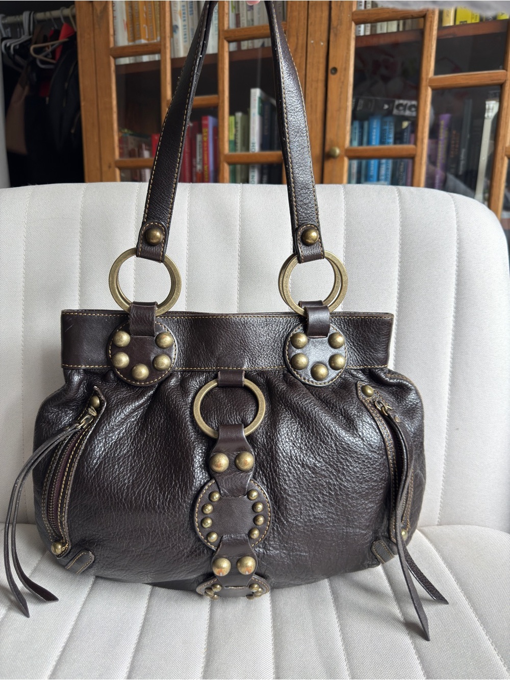 Browns Genuine Leather Brown Studded Y2K Boho Shoulder Bag